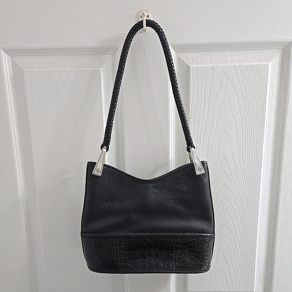 Vintage Brighton Gina Black Croc Embossed Leather Braided Handle Shoulder Bag